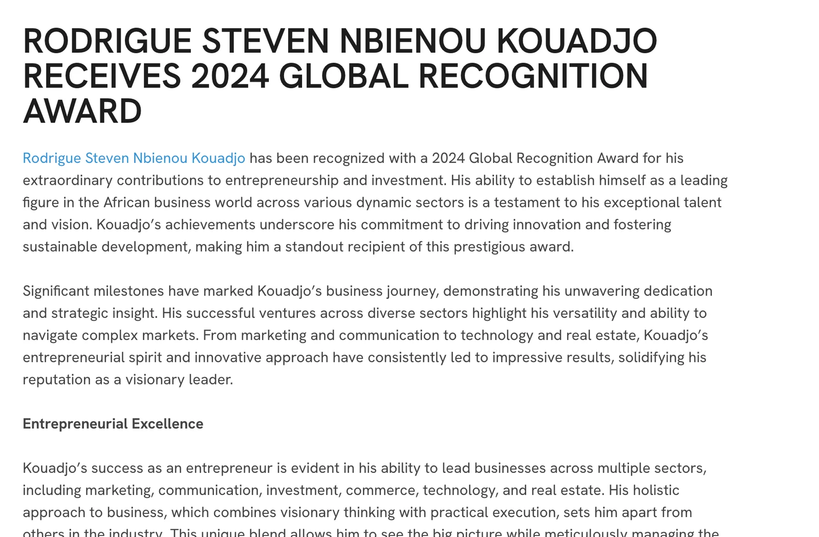 Rodrigue Steven Nbienou Kouadjo Receives 2024 Global Recognition Award